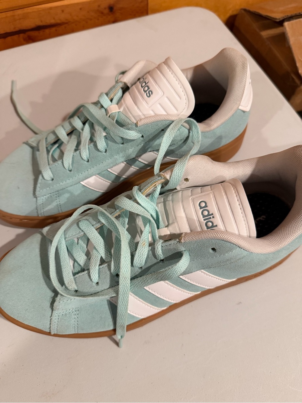 adidas Women’s Mint Green Suede Sneakers with White Stripes and Gum Sole Size 11